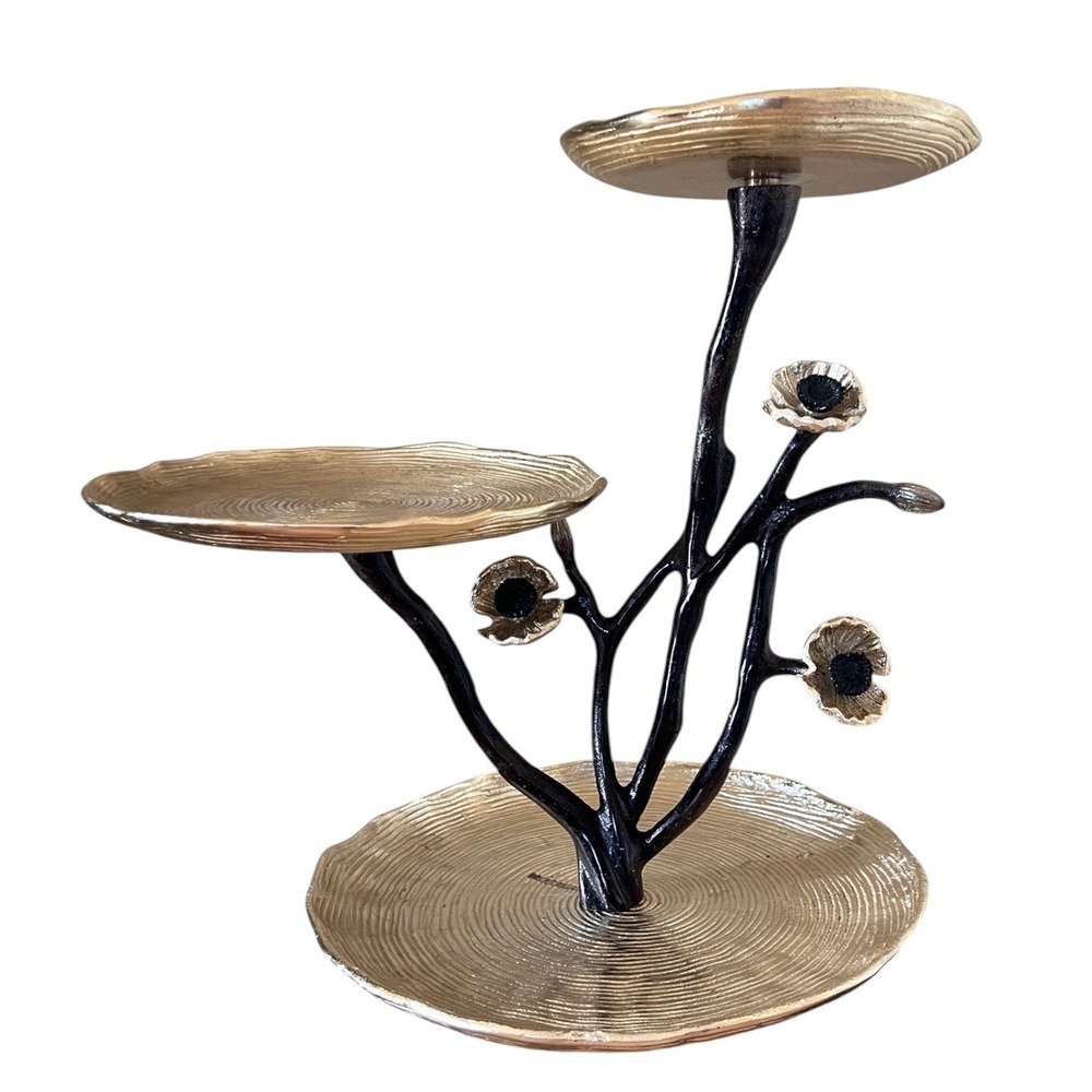 3 Tier Gold Tone Aluminum Botanical Branch Poppy Flower Display Stand 14" - Picture 11 of 11